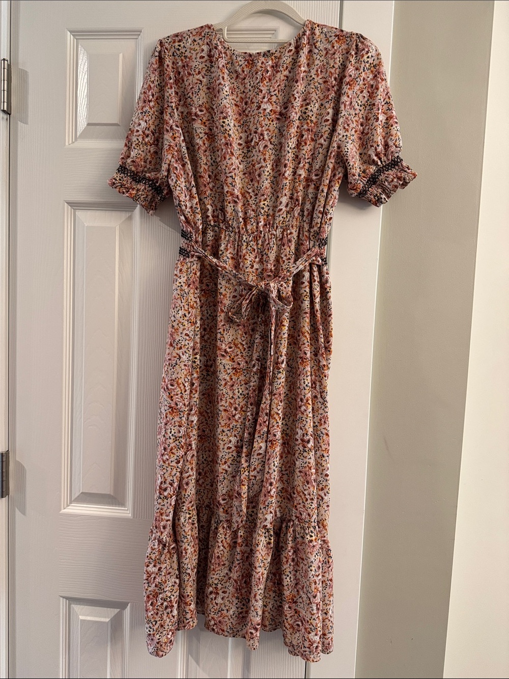 Smocked Waist Floral V-Neck Midi Dress - Pink Floral - Picture 3 of 5